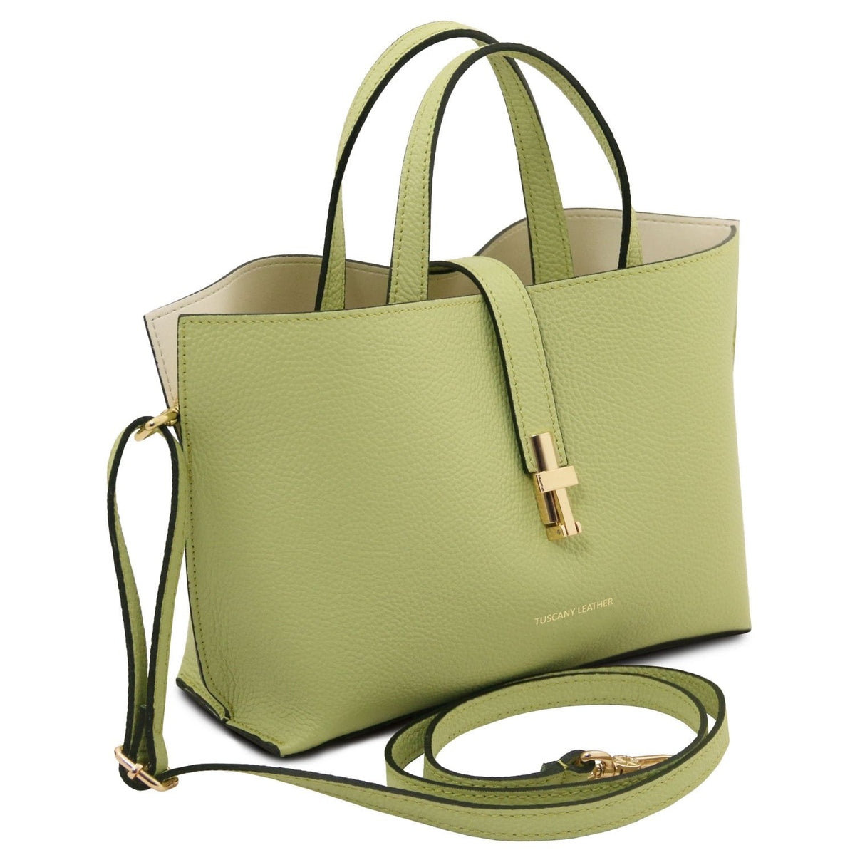 Agatha women's lime green leather tote with dual top handles, a detachable strap, beige interior and gold hardware.