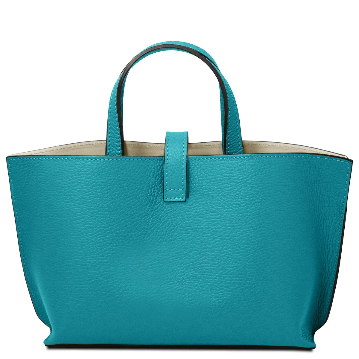 Turquoise full-grain leather tote purse with simple strap closure and smooth natural interior lining.