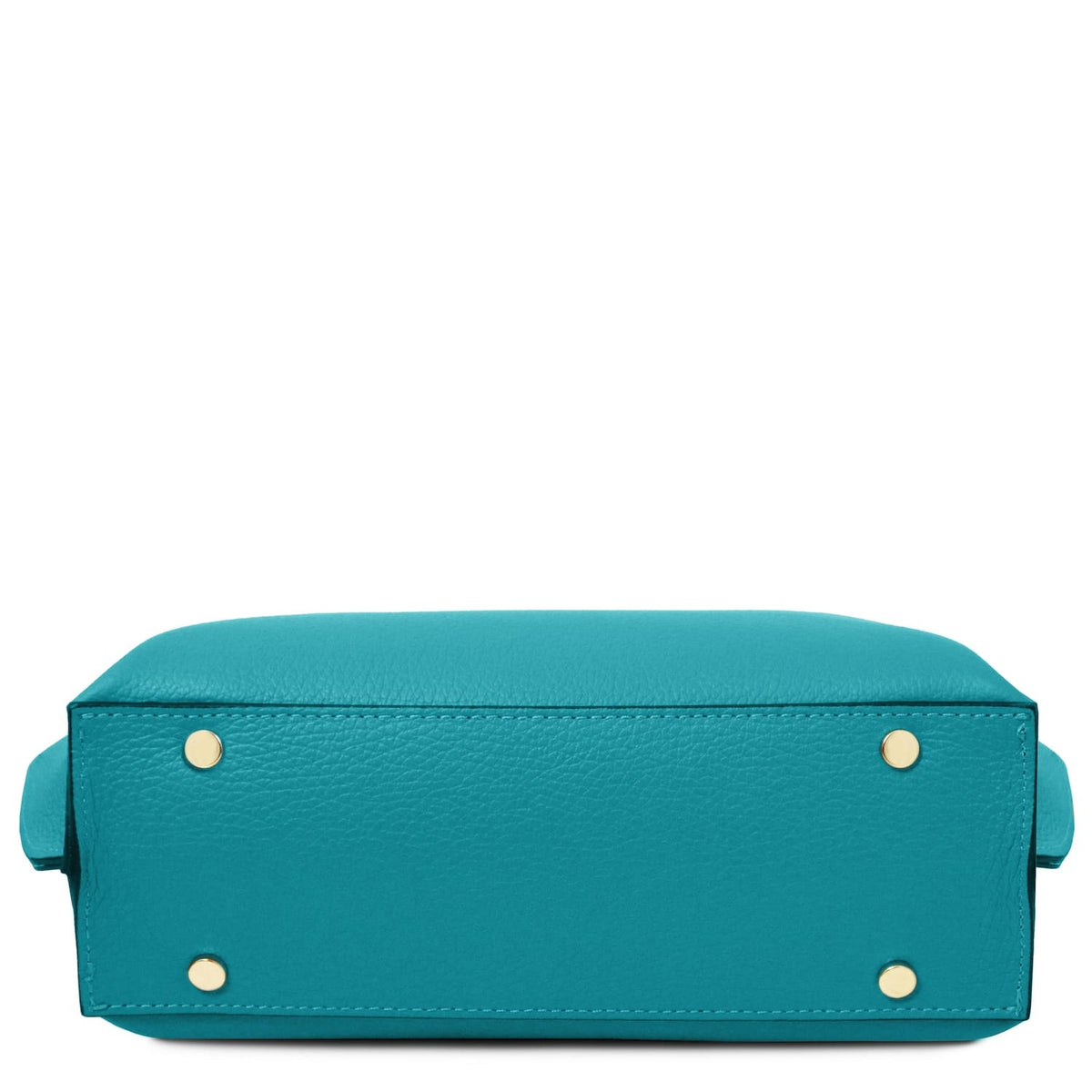 Turquoise Italian leather tote purse bottom view showing pebbled texture and gold-tone metal feet protection.