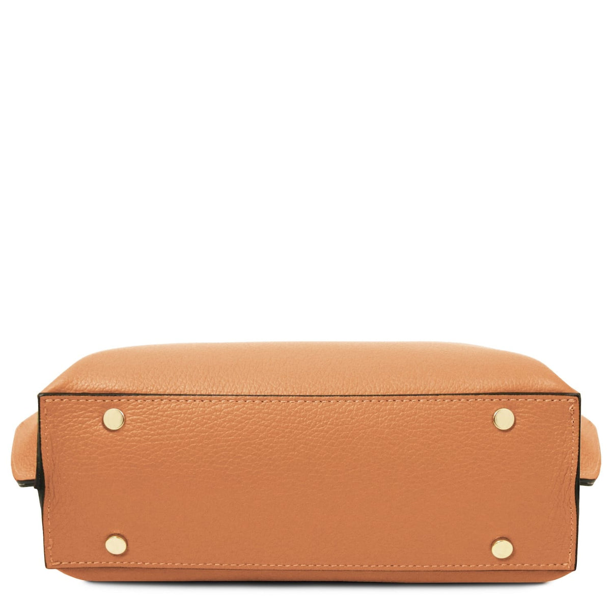 Bottom view of tan pebbled leather tote bag with gold-tone protective feet and clean stitched edges