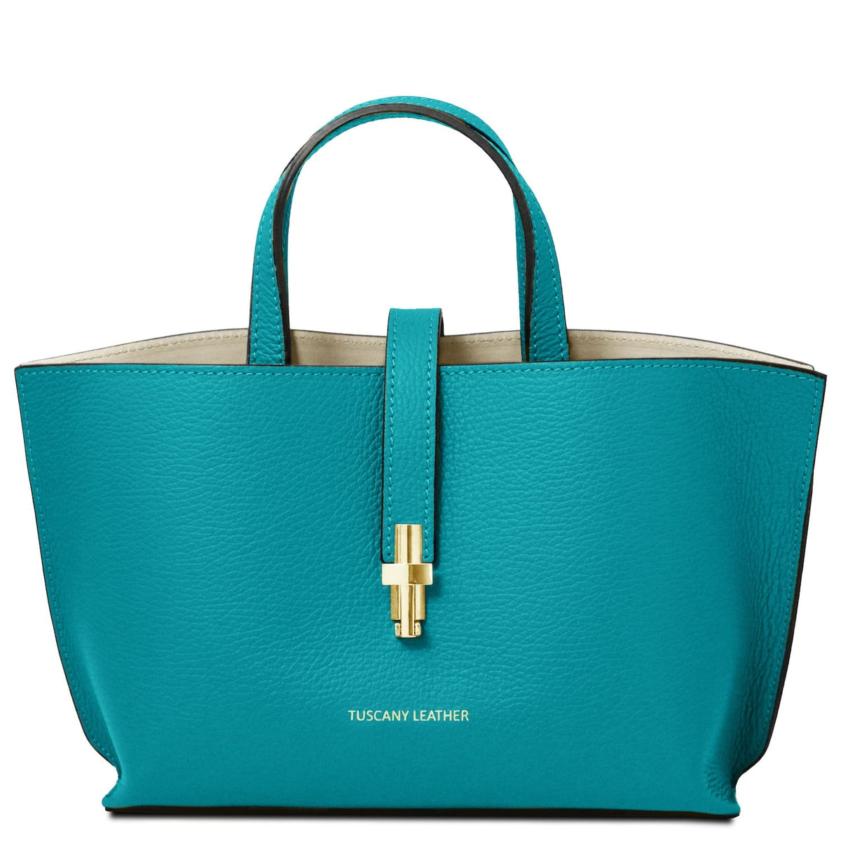 Teal handbag with gold clasp on a white background
