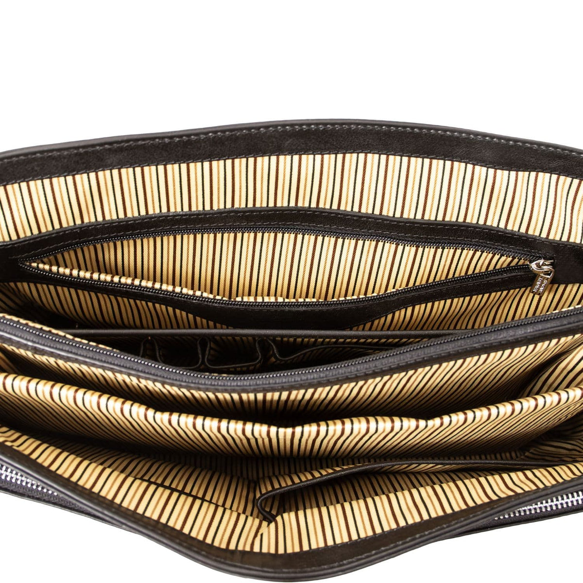 Interior of Alessandria mat leer laptop briefcase with beige striped lining and multiple pockets