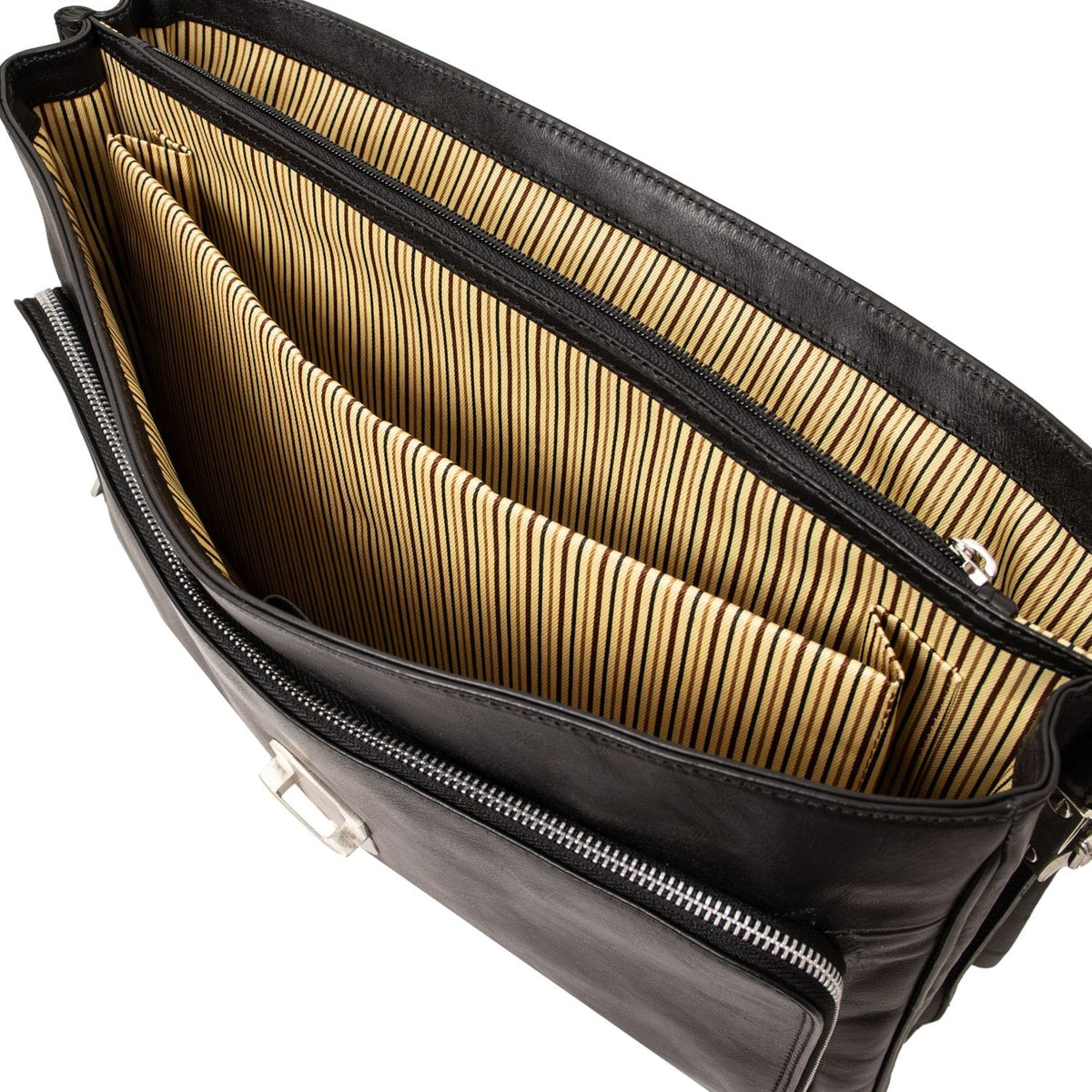 Binnenaanzicht of Alessandria laptop briefcase with three sections and ritsvak against cognac striped lining.