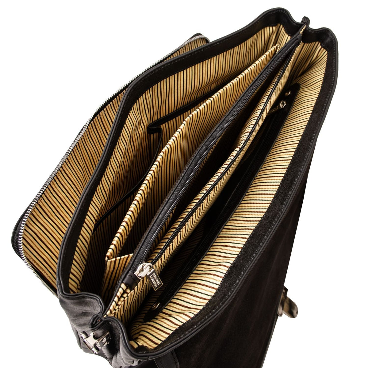 Alessandria matte black leather briefcase opened to show three main compartments and striped beige voering.