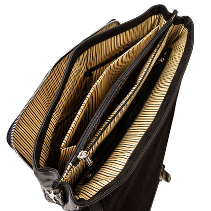 Alessandria matte black leather briefcase opened to show three main compartments and striped beige voering.