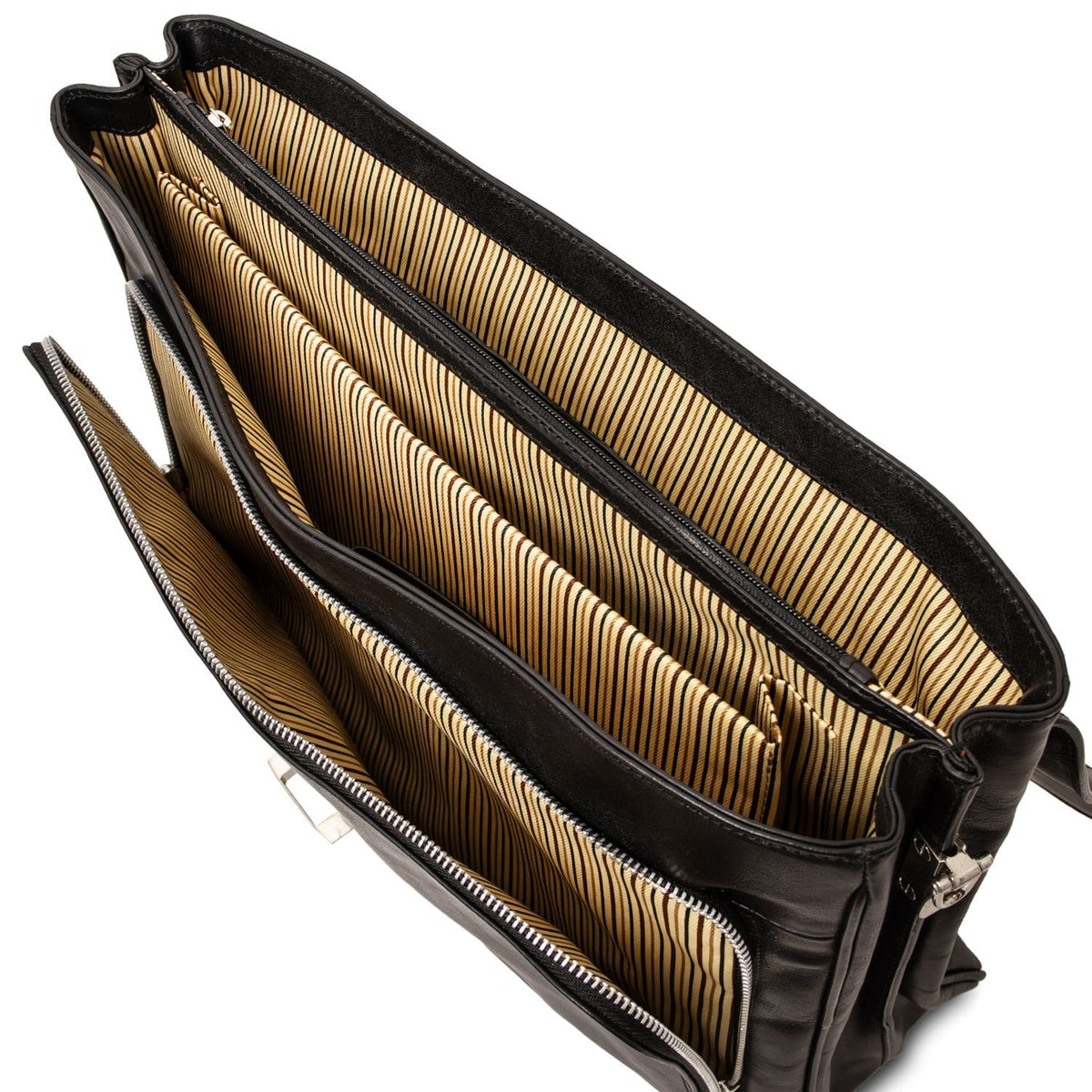 Alessandria matte black leather laptop briefcase opened to reveal meerdere vakken with striped cognackleurige voering.
