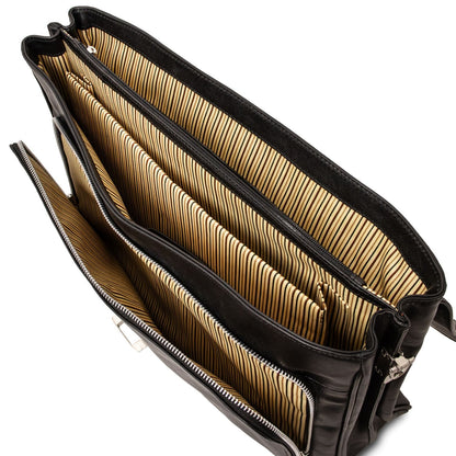 Alessandria matte black leather laptop briefcase opened to reveal meerdere vakken with striped cognackleurige voering.