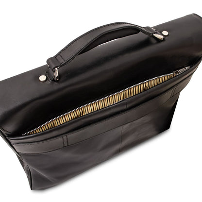 Top view of Alessandria matte black leather briefcase with a zippered opening and cognac striped lining