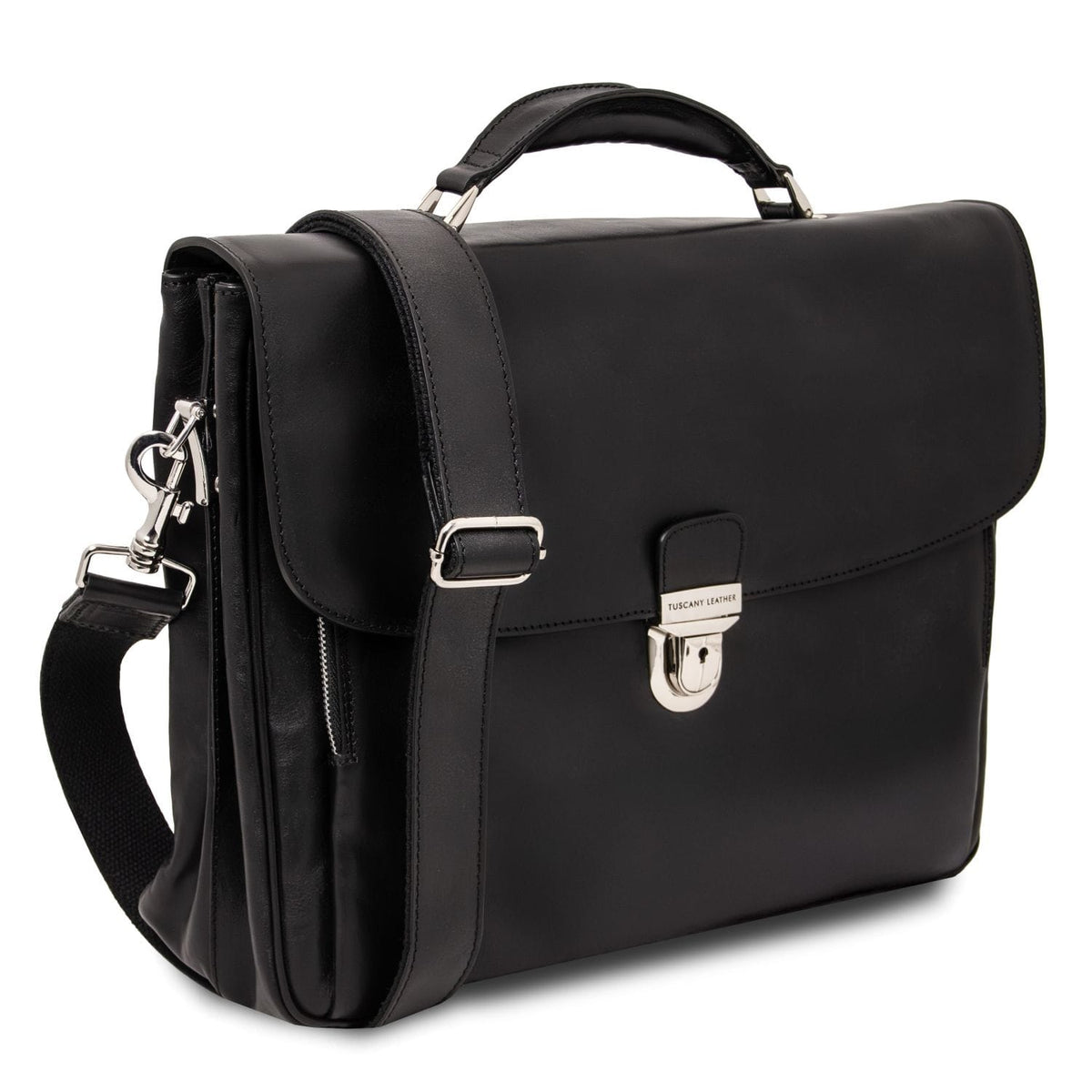 Alessandria matte black leather laptop briefcase with meerdere vakken and a afneembare schouderriem