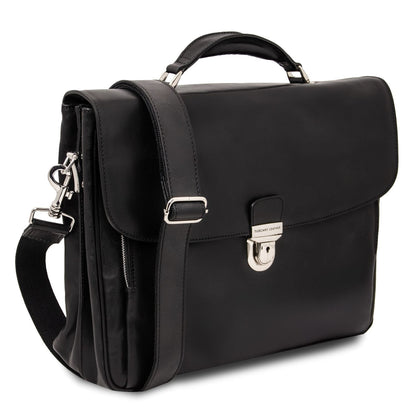 Alessandria matte black leather laptop briefcase with meerdere vakken and a afneembare schouderriem