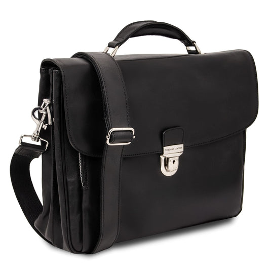 Alessandria matte black leather laptop briefcase with mehrere Fächer and a abnehmbarer Schulterriemen