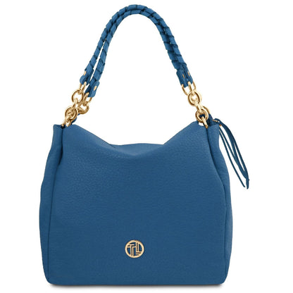 Amy blue soft Italian leather Shoppingtasche with braided Tragegriff and goldfarbene Beschläge