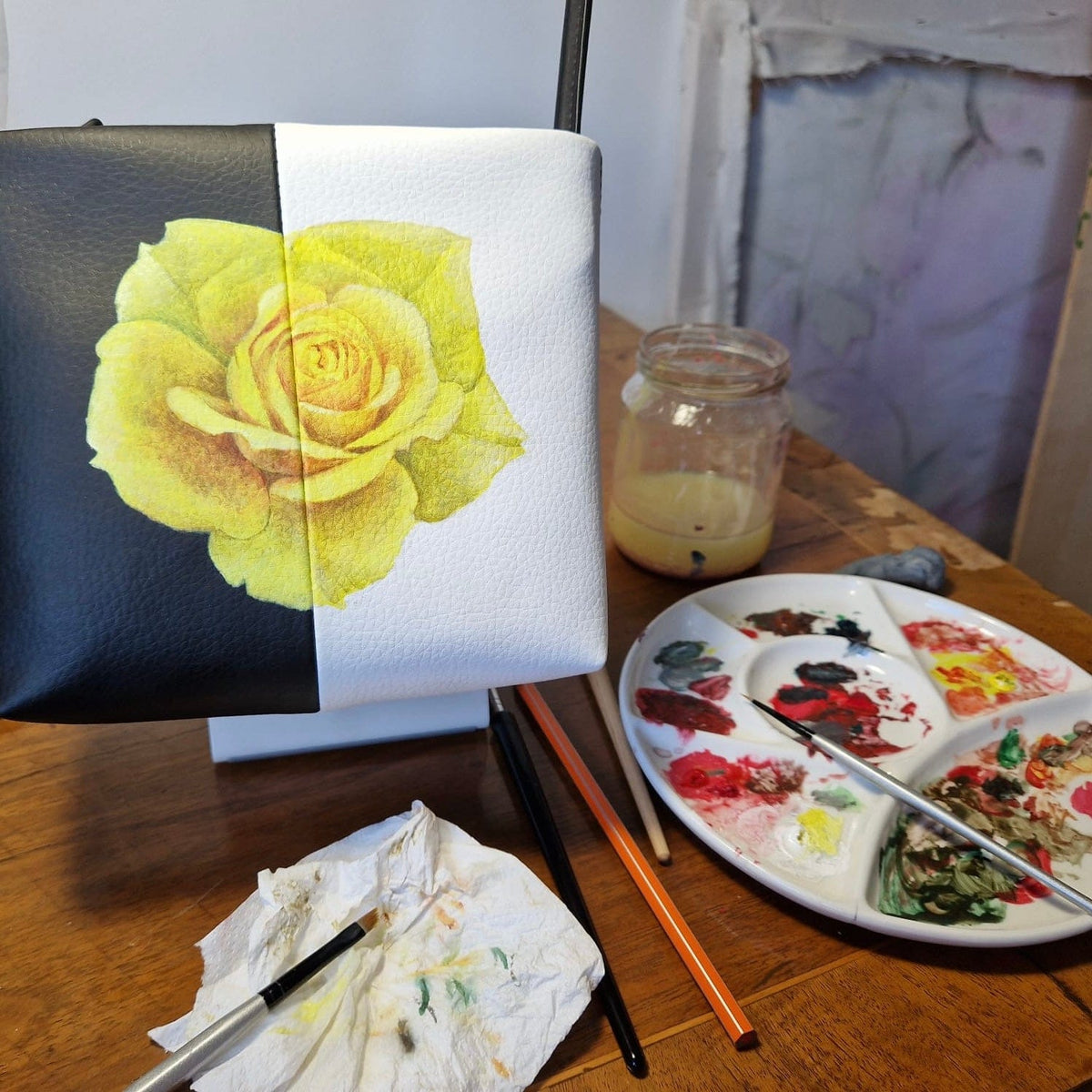 Handbag & Wallet Accessories Aria - Sustainable Apple Skin Leather Hand Painted Yellow Rose Bag San Rocco Italia