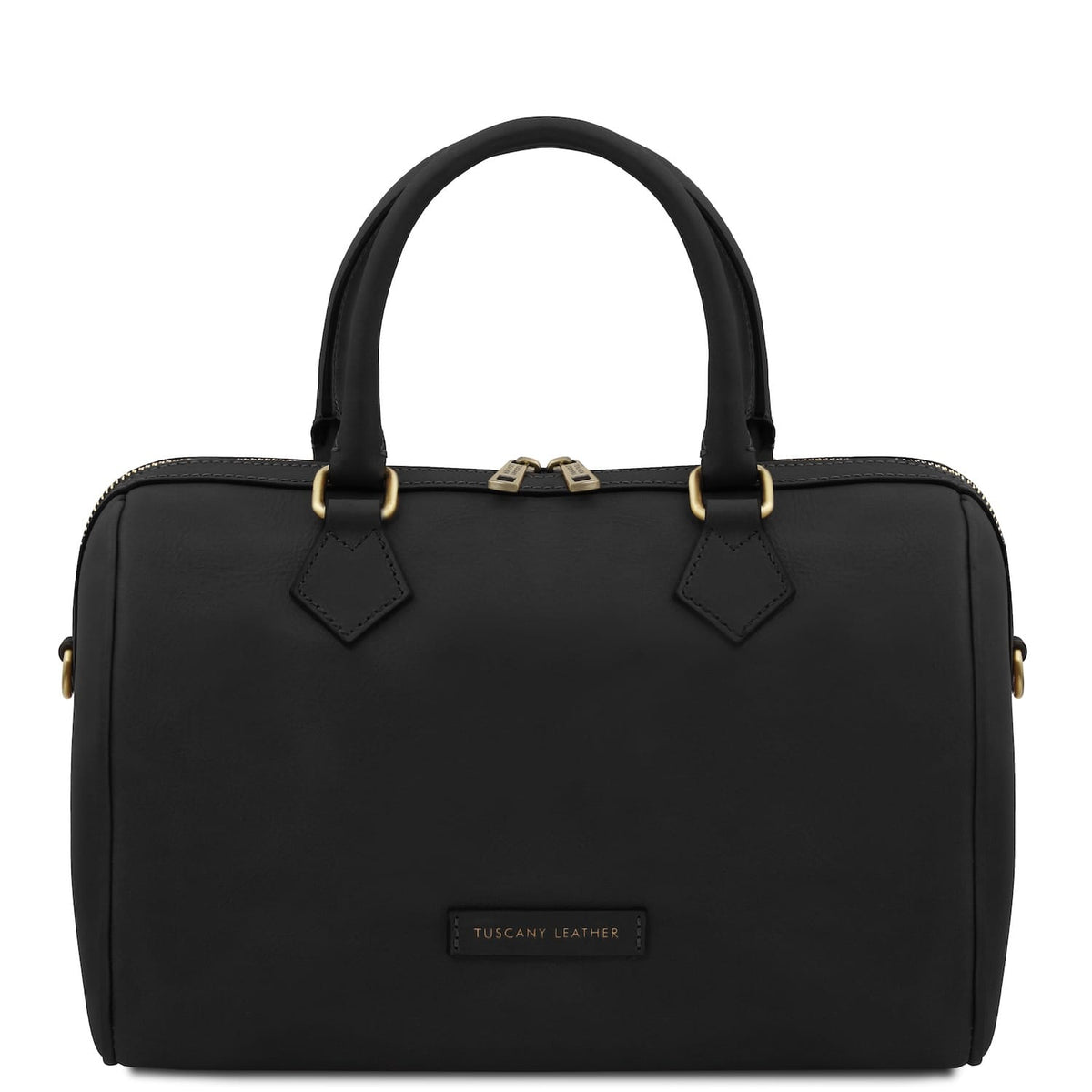 Black handbag with gold accents on a white background