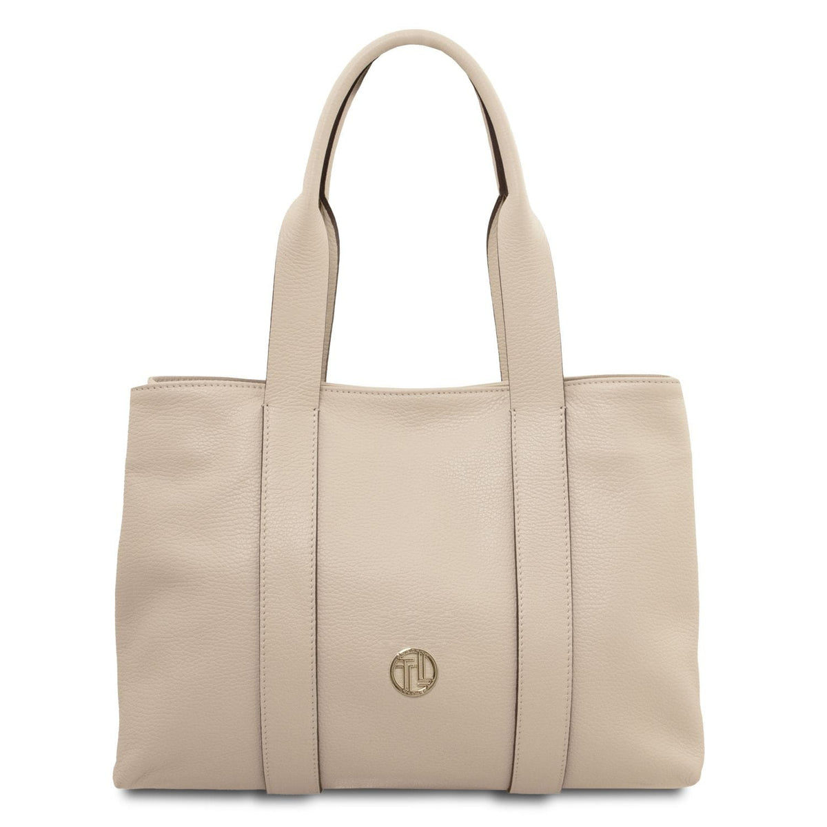Beige piel suave shoulder bag with two handles and a small emblema de logo dorado on the front