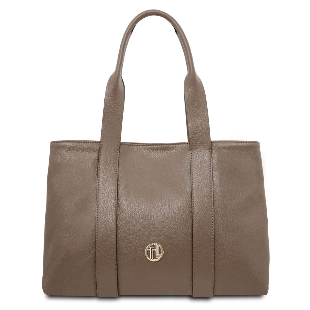 Callie taupe piel granulada shoulder bag with dos asas superiores and a gold circular logo plaque