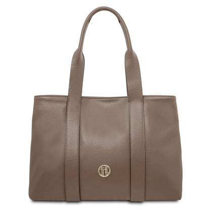 Callie taupe piel granulada shoulder bag with dos asas superiores and a gold circular logo plaque