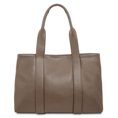 Callie piel suave shoulder bag in taupe shown from the front with two handles