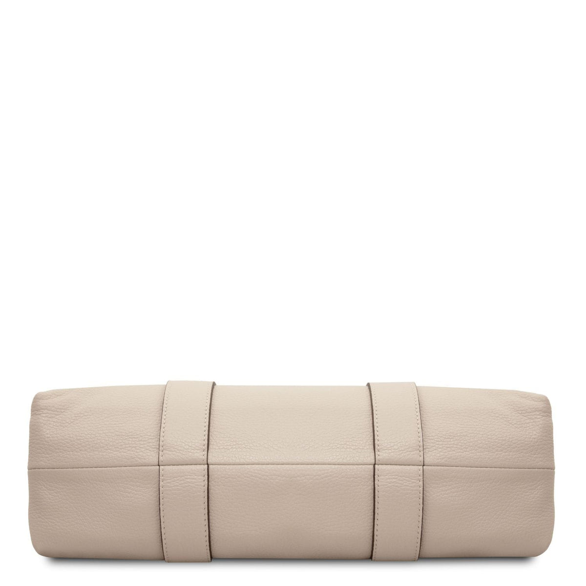Vista inferior of Callie piel suave shoulder bag in beige mostrando textured leather and stitched straps