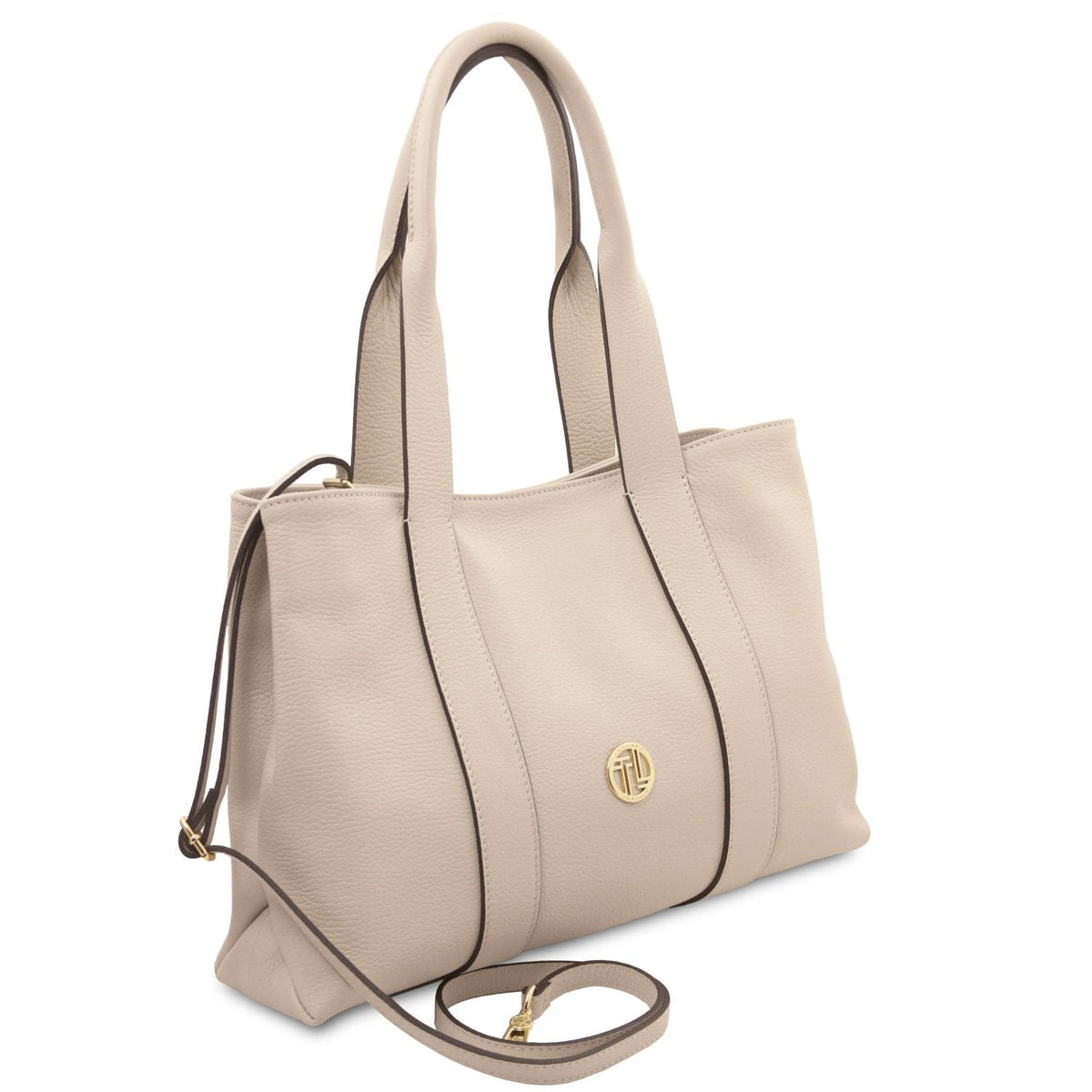 Callie piel suave shoulder bag in light beige with dark edge piping and logo dorado