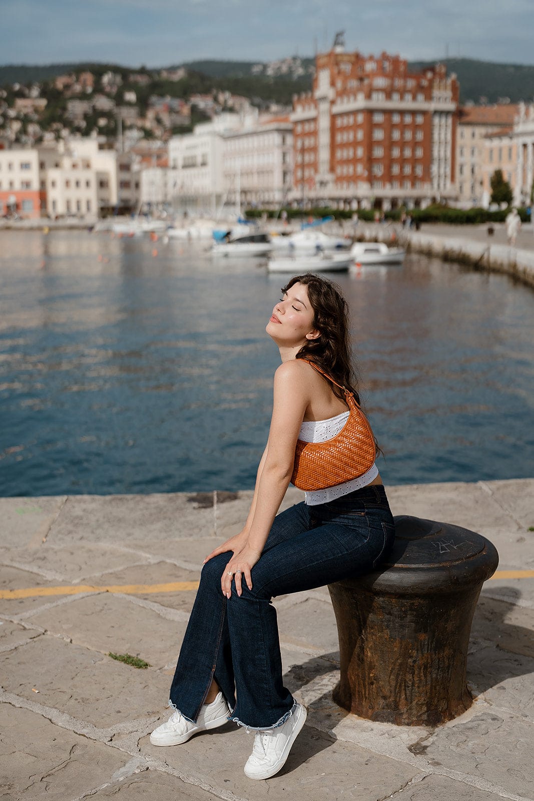 Handbag & Wallet Accessories Carmel - Hand Woven Leather Moon Crescent Bag Brown San Rocco Italia