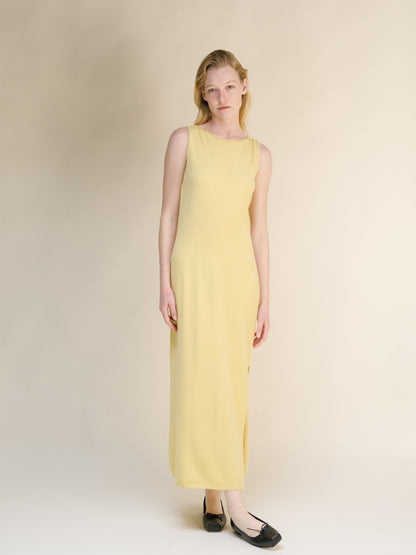 Giallo pallido cashmere blend boat neck sleeveless maxi dress on a model