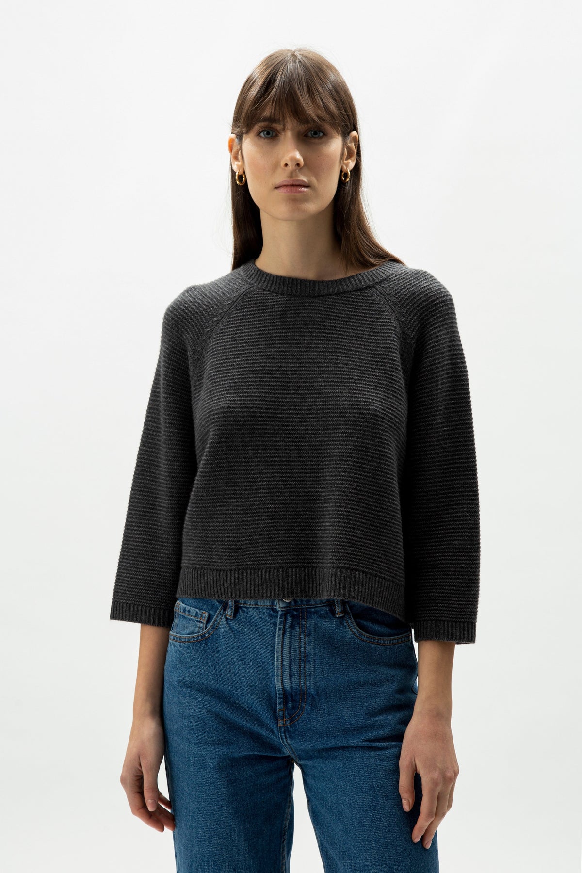 Knitwear Dark Grey / S Cashmere Mix Cropped 3/4 Sleeve Pullover San Rocco Italia