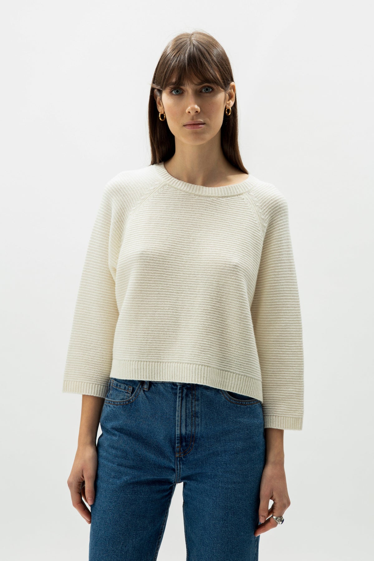 Knitwear Natural White / S Cashmere Mix Cropped 3/4 Sleeve Pullover San Rocco Italia