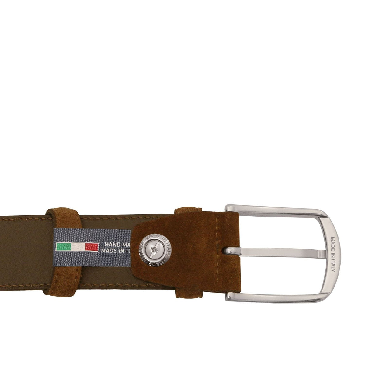 Zijaanzicht of brown suède riem with zilverkleurige gesp and Italiaanse vlag label attached.