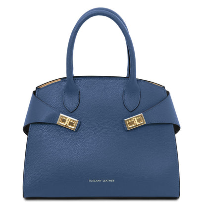 Blue Coccola women's leather tote with top handles and gold hardware closures