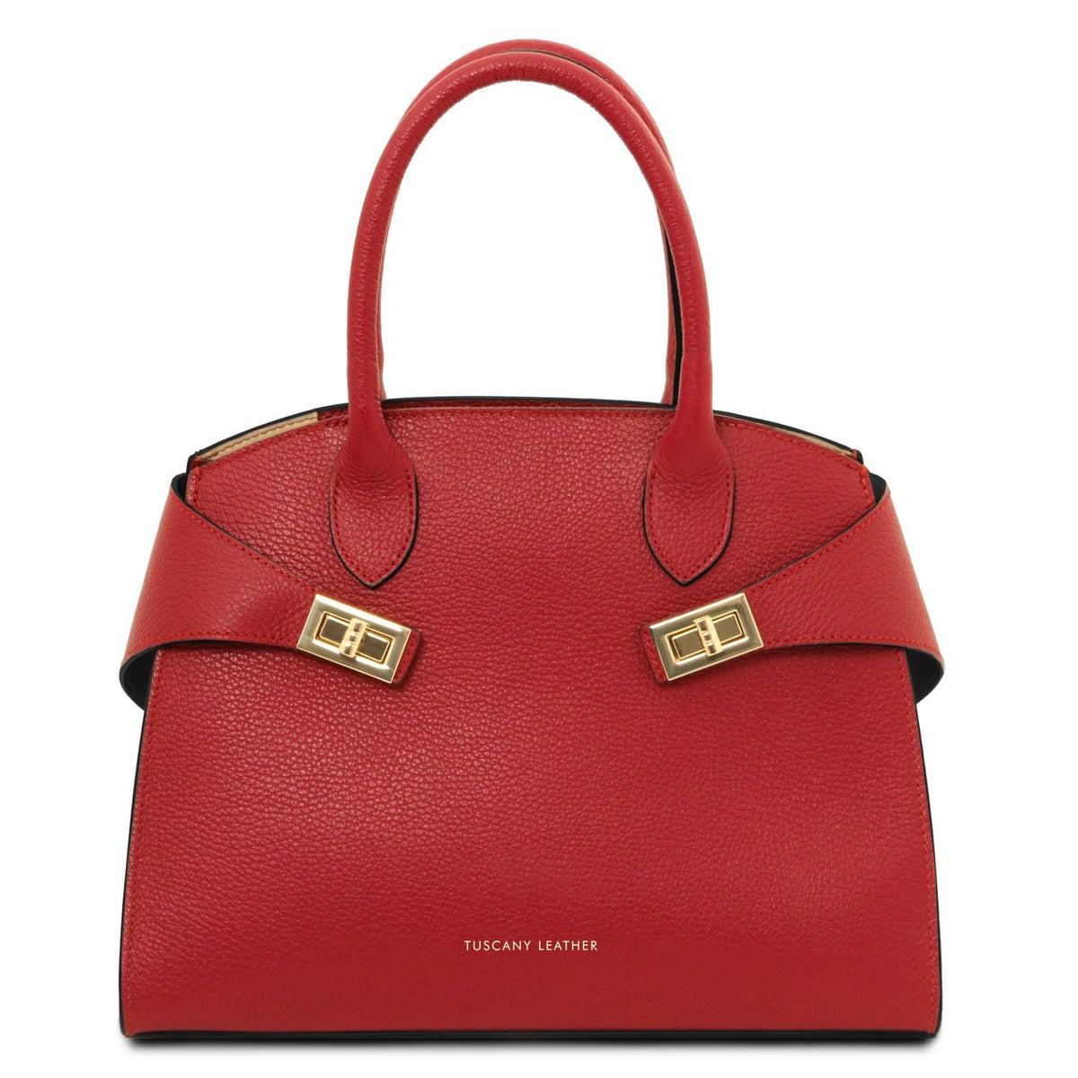 Front view of red leather tote with two top handles and gold hardware accents.