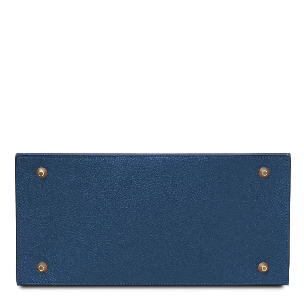 Base view of blue leather tote showing four gold-tone studs