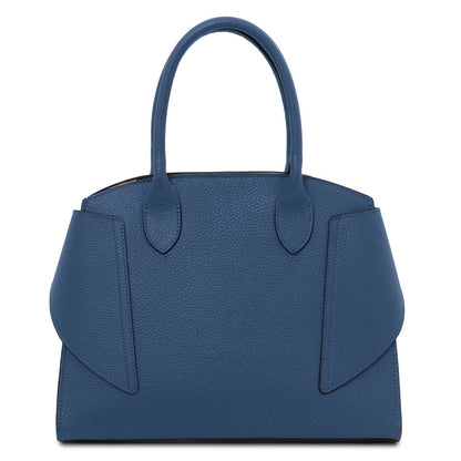 Coccola blue pebbled leather tote with two top handles and structured silhouette