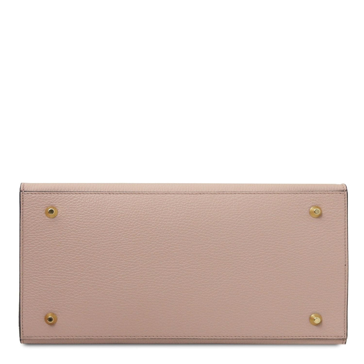 Bottom view of blush pink pebbled leather tote with four gold feet