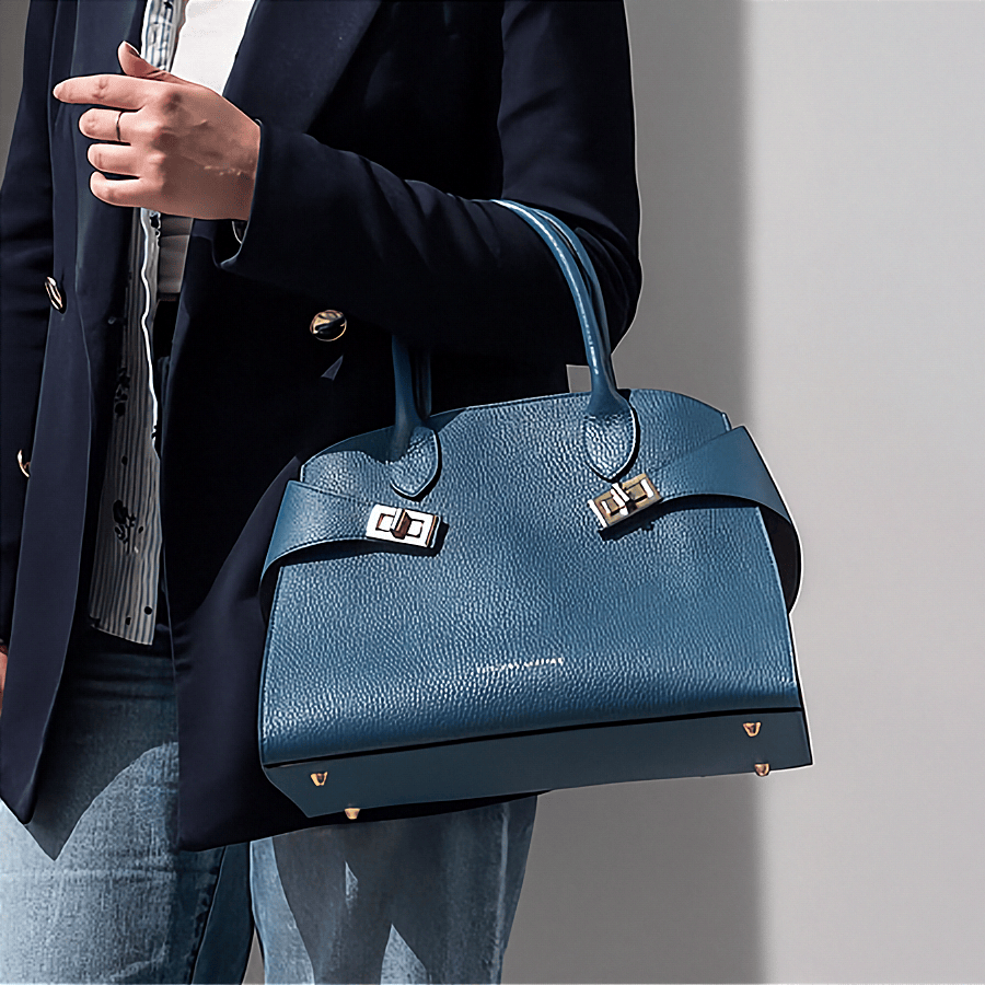 Person holding a blue hug handbag with a neutral background