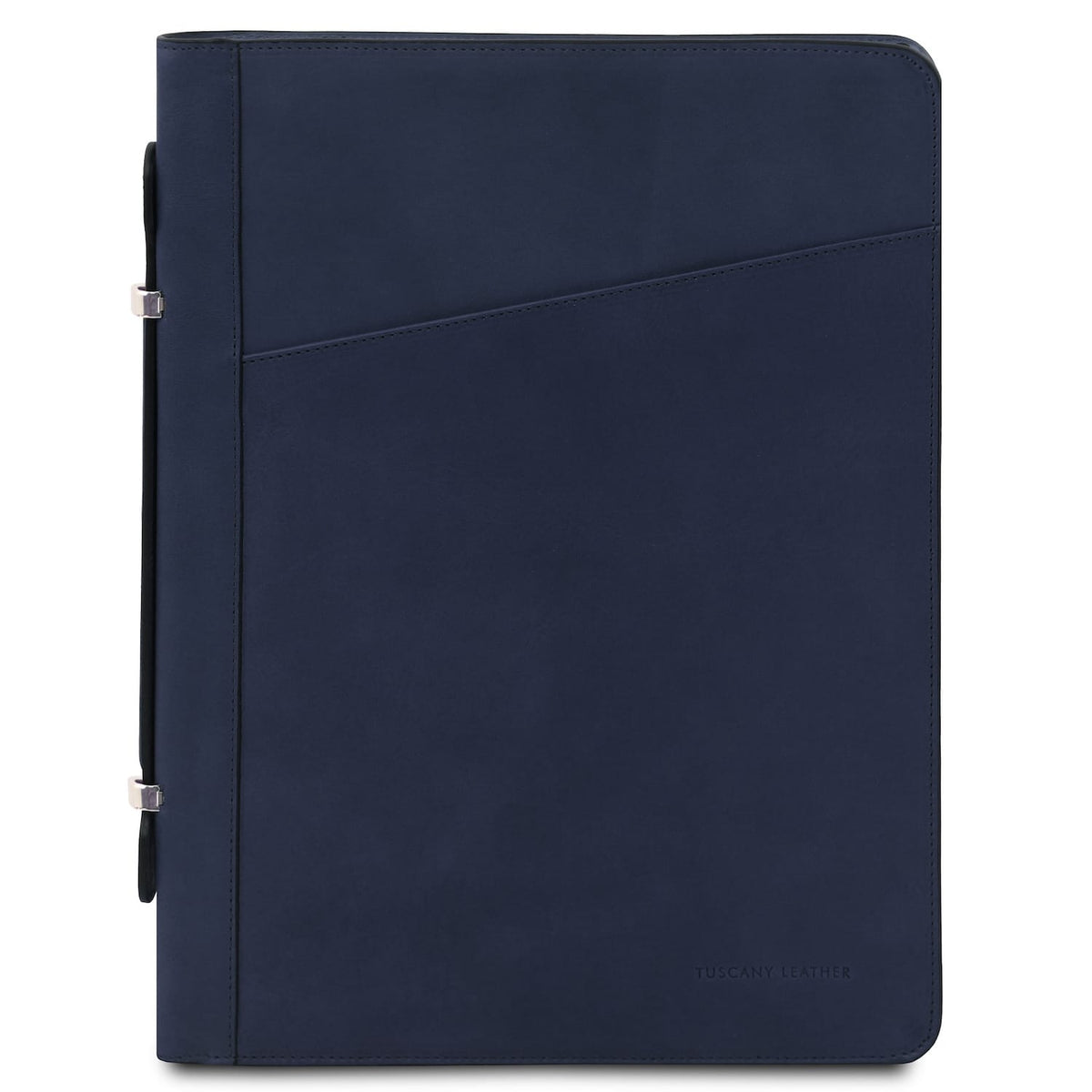 Azul-marinho leather document case with diagonal front pocket and slim side strap detail