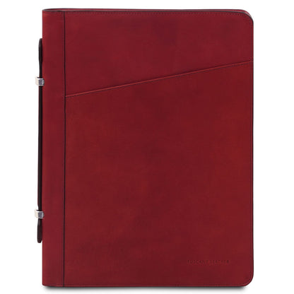 Vermelho leather document case vista traseira with diagonal panel and Tuscany Leather branding