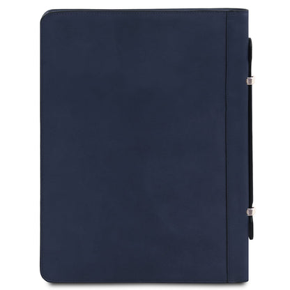 Azul-marinho leather document case seen edge on with attached handle and silver clasps