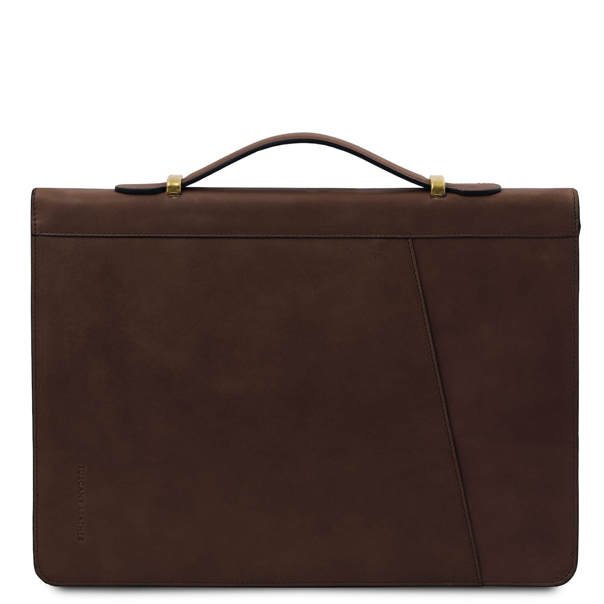 Dark brown leather document case with a curved asa superior secured by gold tone hardware