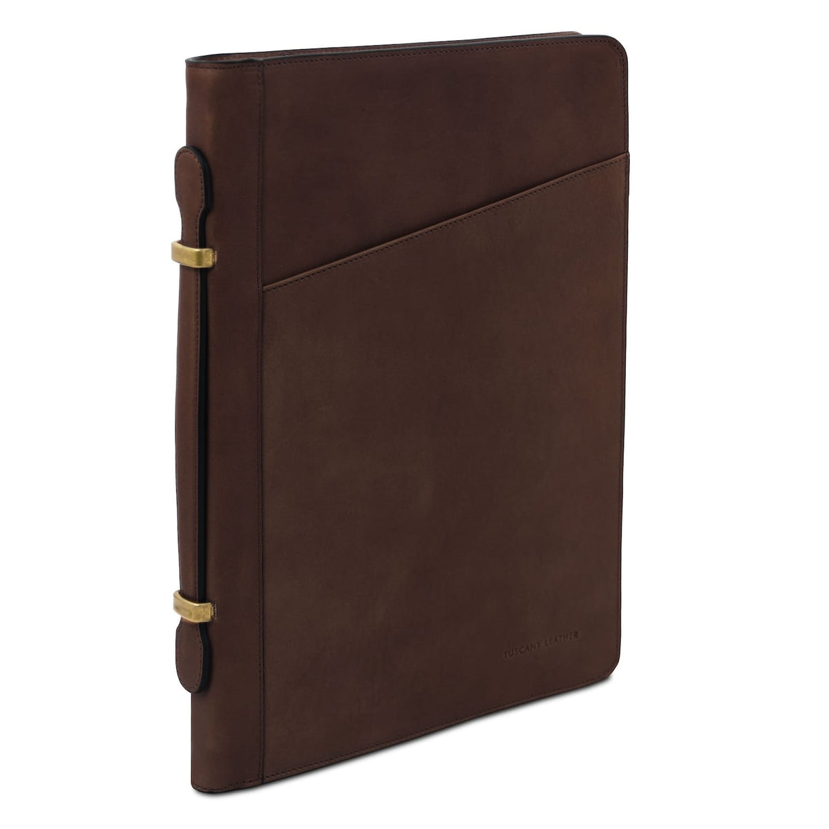 Cosconhaquetino leather document case vista lateral with vertical strap and brass hardware