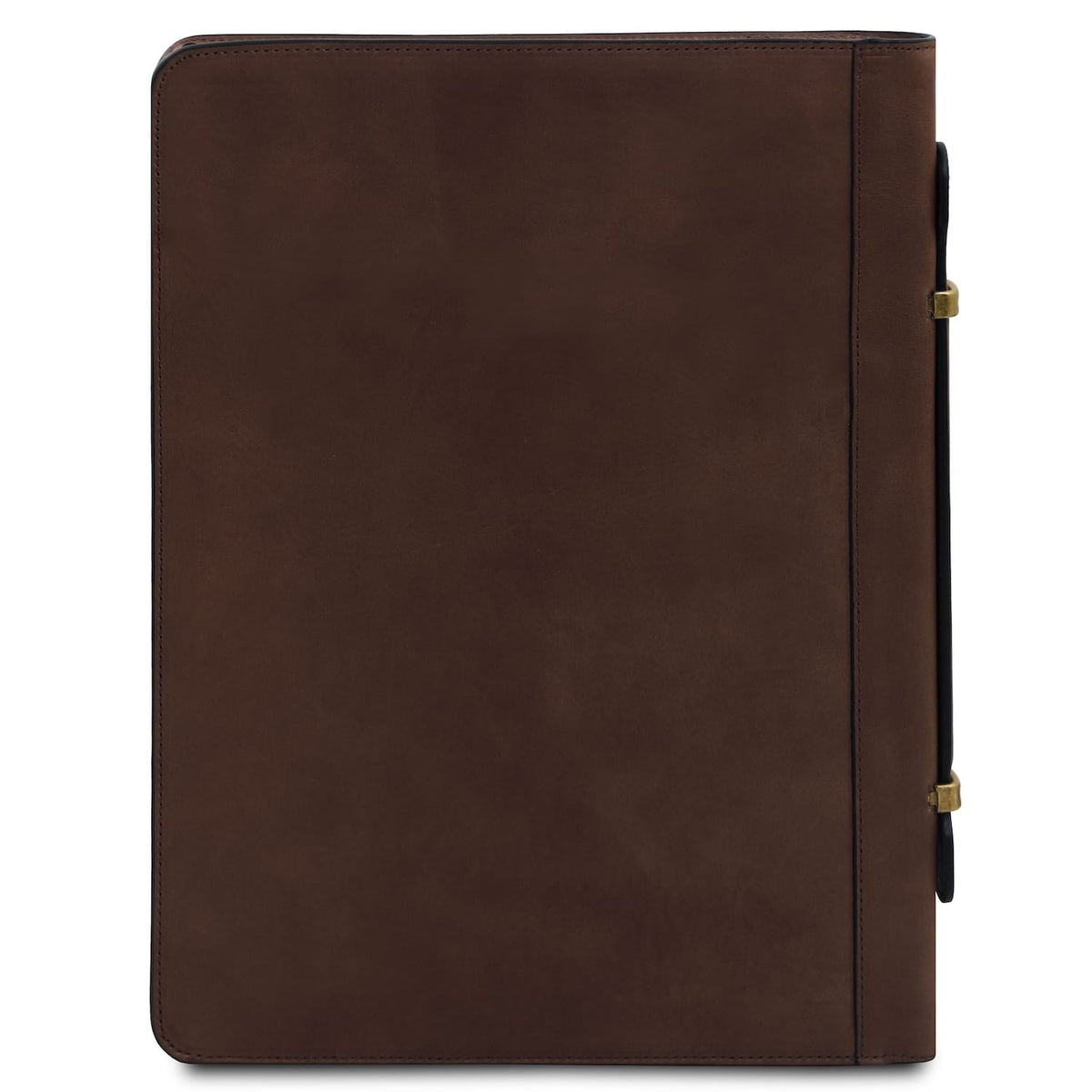 Vista frontal of Cosconhaquetino brown leather document case with diagonal pocket and Tuscany Leather branding
