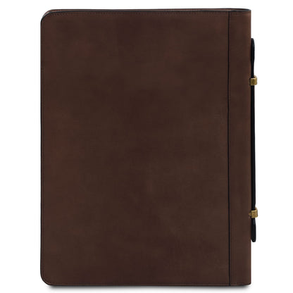 Vista frontal of Cosconhaquetino brown leather document case with diagonal pocket and Tuscany Leather branding