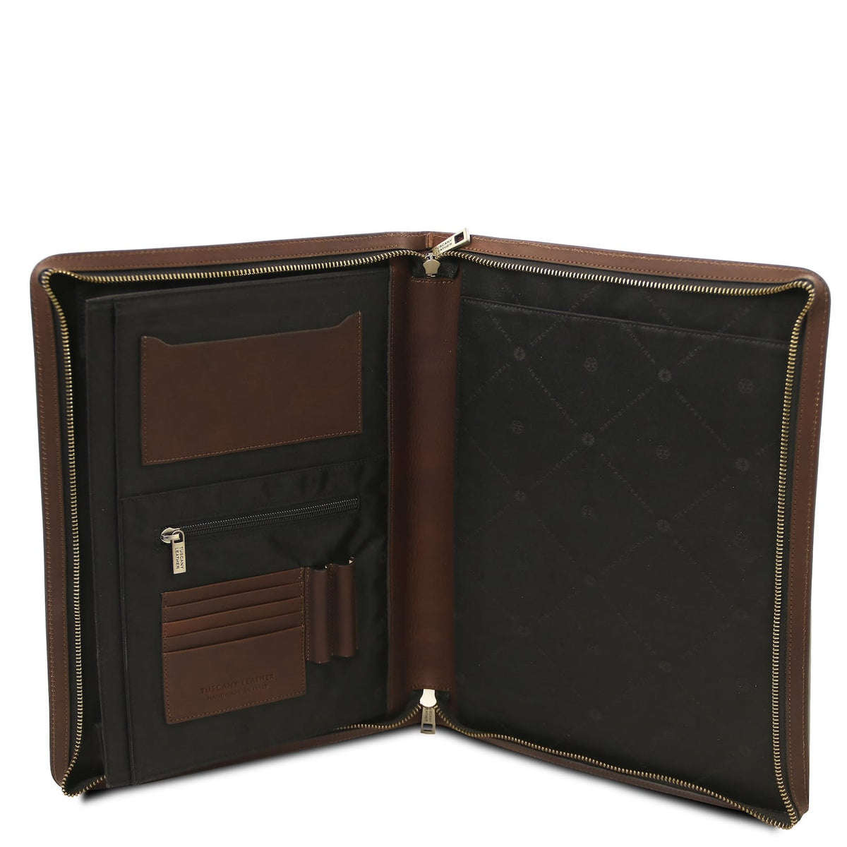 Abertaed Cosconhaquetino leather document case with handle mostrando brown exterior, black interior, ranhuras para cartões and zipper pocket
