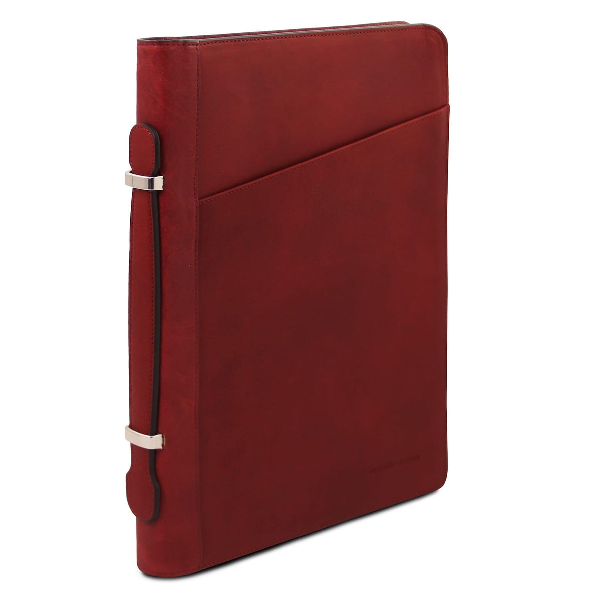 Vermelho leather document case shown from the side with diagonal front pocket seam and metal clasps along the edge