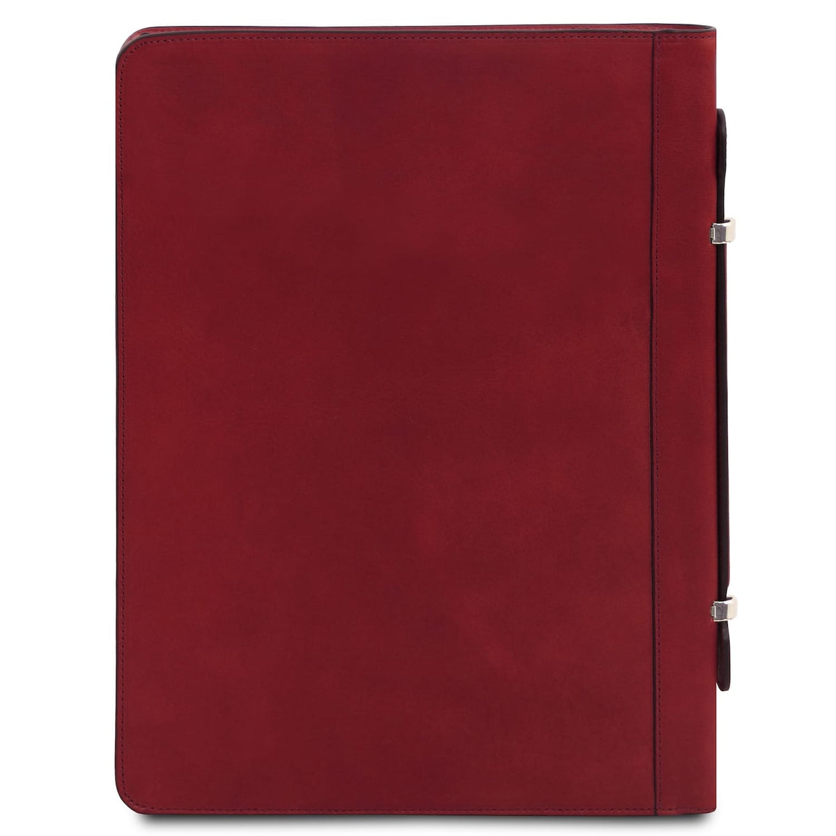 Vermelho leather document case with rounded corners and a slim side strap along the right edge