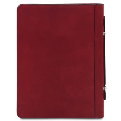 Vermelho leather document case with rounded corners and a slim side strap along the right edge