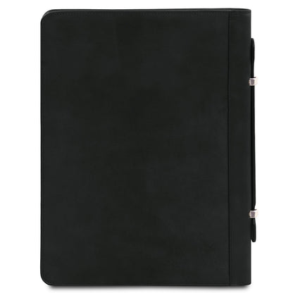 Angled view of Cosconhaquetino black leather document case highlighting side closures and handle detail