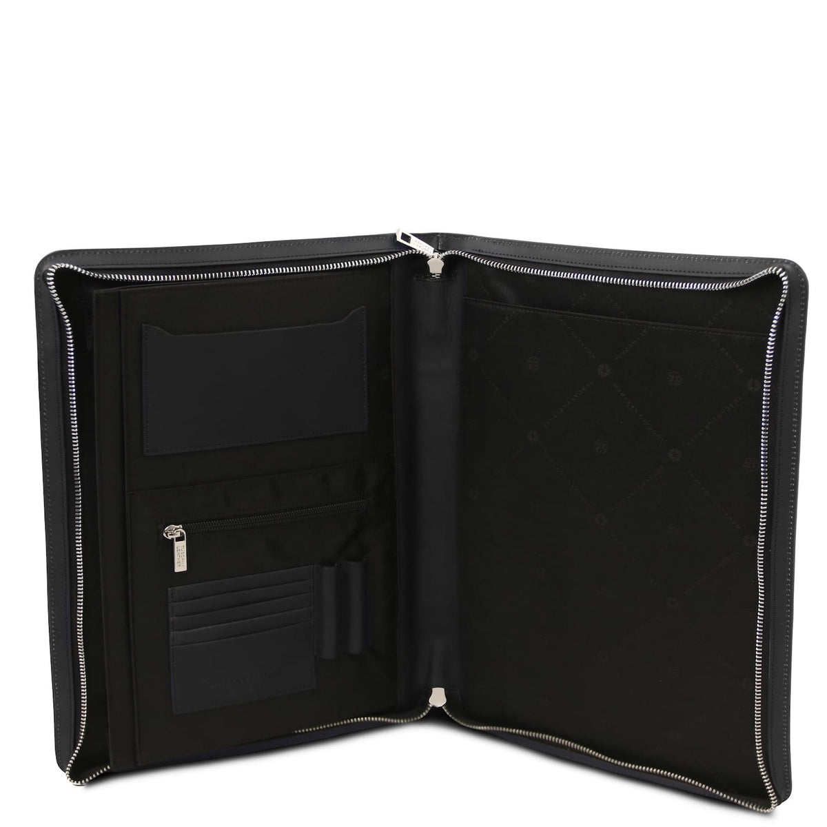 Aberta Cosconhaquetino leather document case interior mostrando ranhuras para cartões a bolso com fecho and pen holder