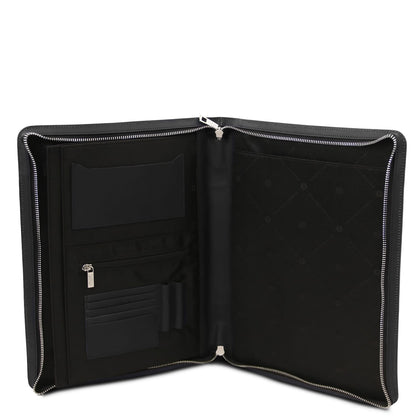 Aberta Cosconhaquetino leather document case interior mostrando ranhuras para cartões a bolso com fecho and pen holder