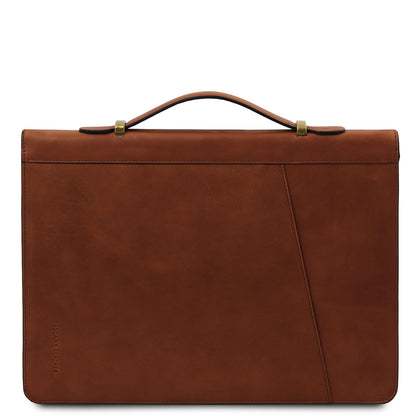 Casconhaqueho leather document case with a curved asa superior and diagonal front panel